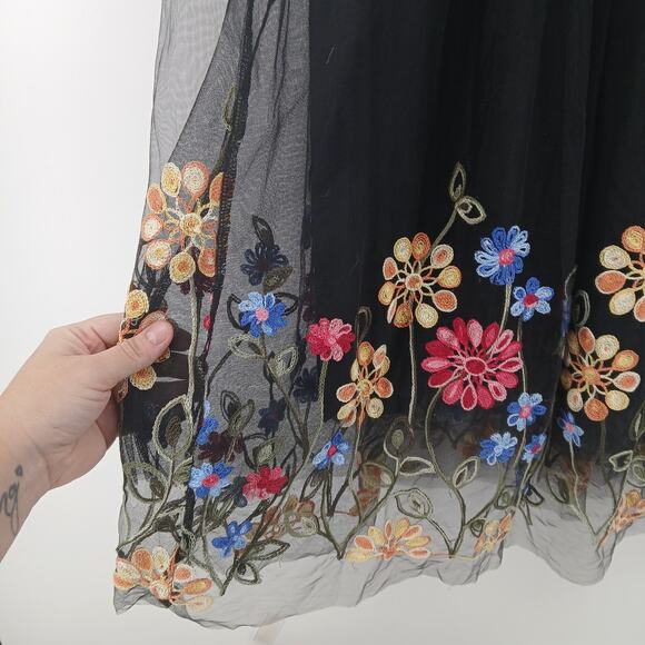 Floral Embroidered Tulle Tiered Midi Skirt Womens SM Romantic Coquette Cottage - Picture 3 of 6
